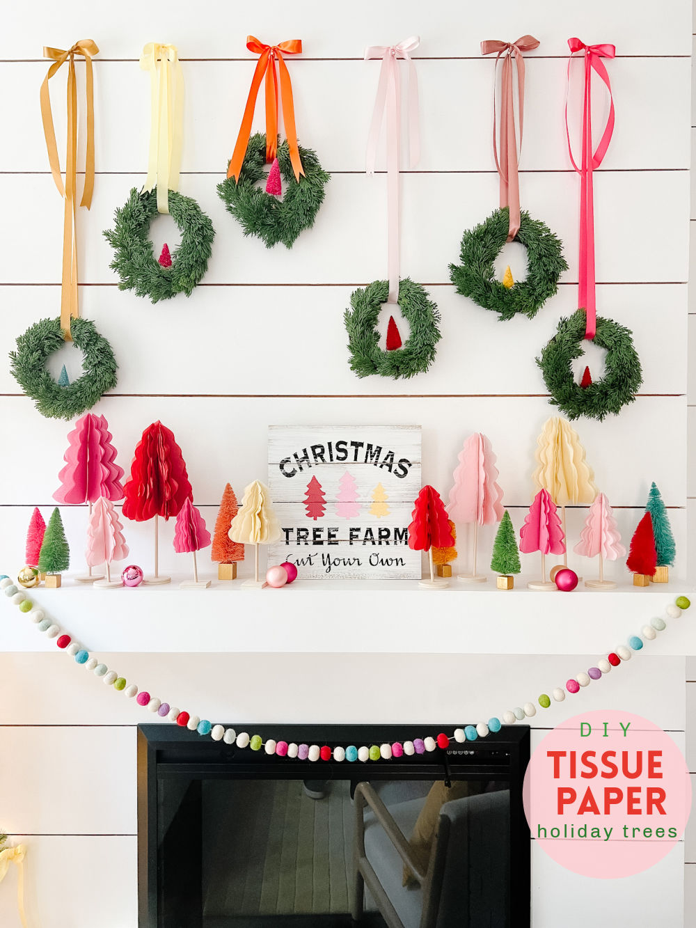 DIY Tissue Paper Holiday Trees. Add some color to your mantel or shelf by making these easy tissue paper trees with free printable templates.