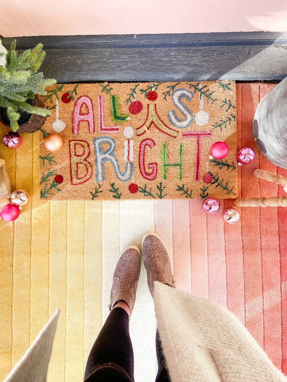 Anthropologie-Inspired Colorful Holiday Doormat. Add some holiday color this holiday season by painting a blank coir rug! 