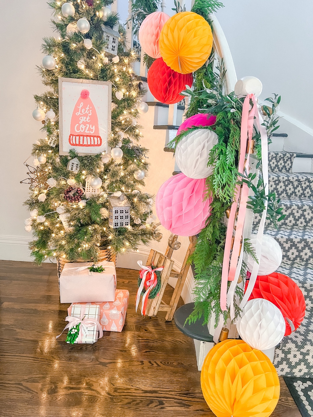 Decorating a Staircase with Honeycomb Balls by The Listed Home