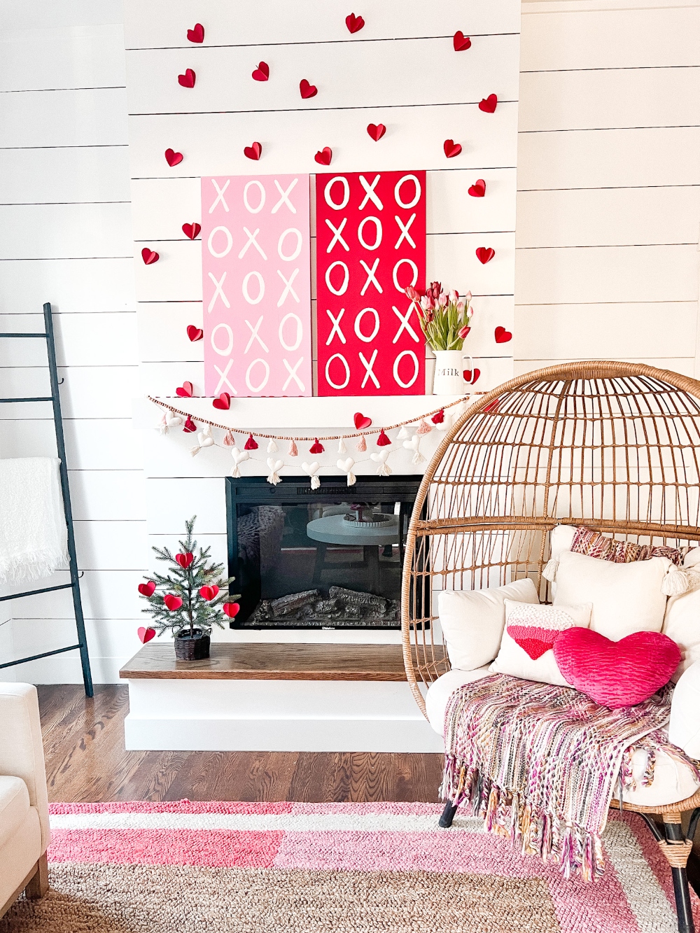 Valentine XOXO Mantel Ideas. Upcycle and paint some easy XOXO signs, add paper hearts and you have an adorable mantel or shelf vignette! 
