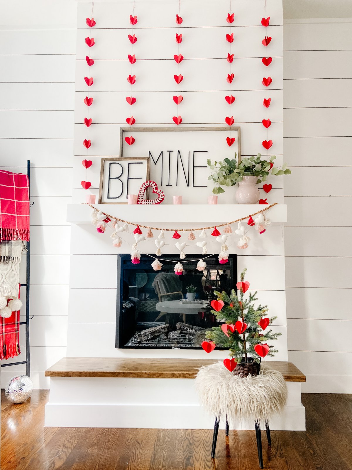 Be Mine Valentine Mantel Ideas. Create some DIY Valentine’s signs, hang festive banners two ways and add hearts to a tree for colorful Valentine’s Day decor!