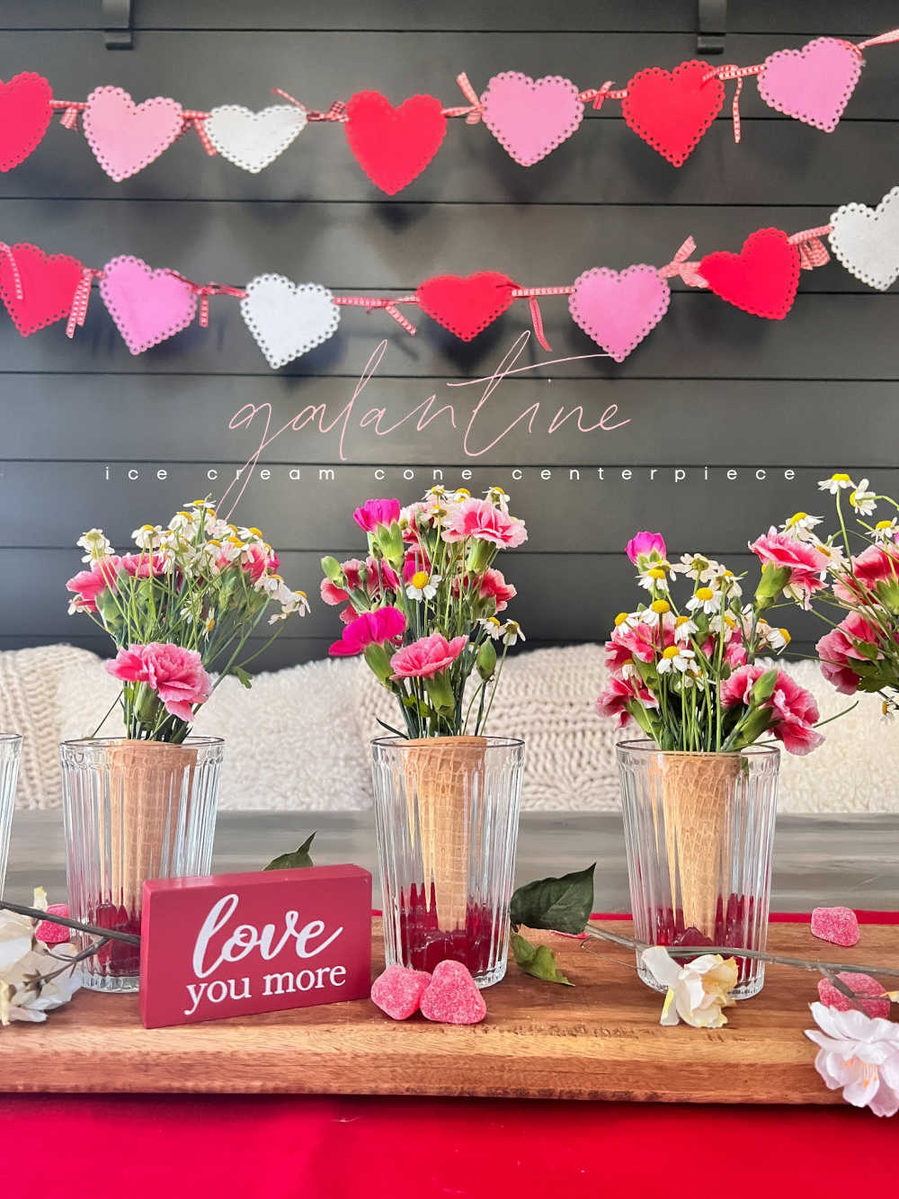 Galantine's Ice Cream Cone Centerpiece! Use grocery store flowers and ice cream cones to create the perfect Valentine or Galentine centerpiece! 