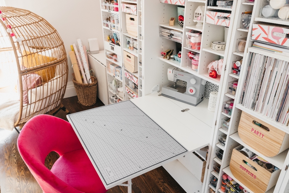 Bright Organized Craft Room Office. Bright peel-and-stick wallpaper, an organized desk and Dream Box with storage galore make working so much more fun and efficient! 