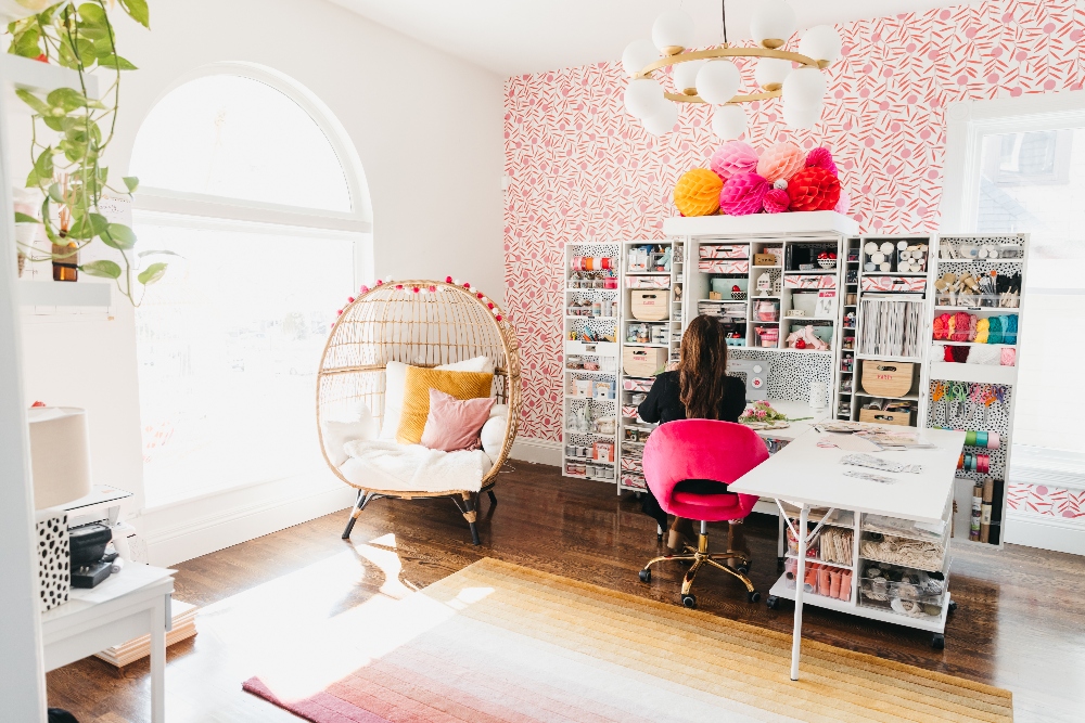 Bright Organized Craft Room Office. Bright peel-and-stick wallpaper, an organized desk and Dream Box with storage galore make working so much more fun and efficient! 