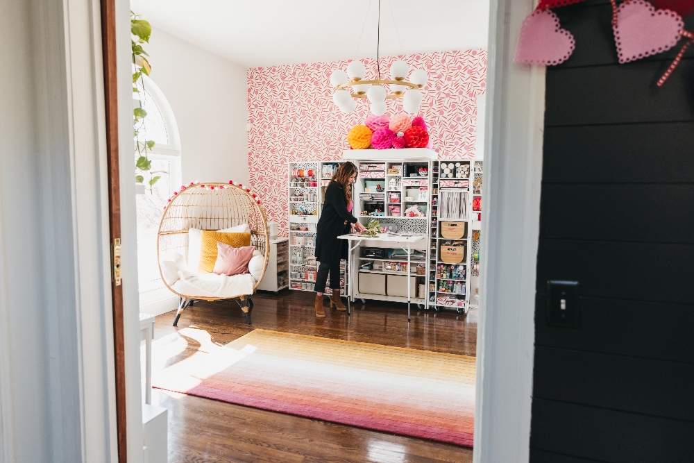 Bright Organized Craft Room Office. Bright peel-and-stick wallpaper, an organized desk and Dream Box with storage galore make working so much more fun and efficient! 