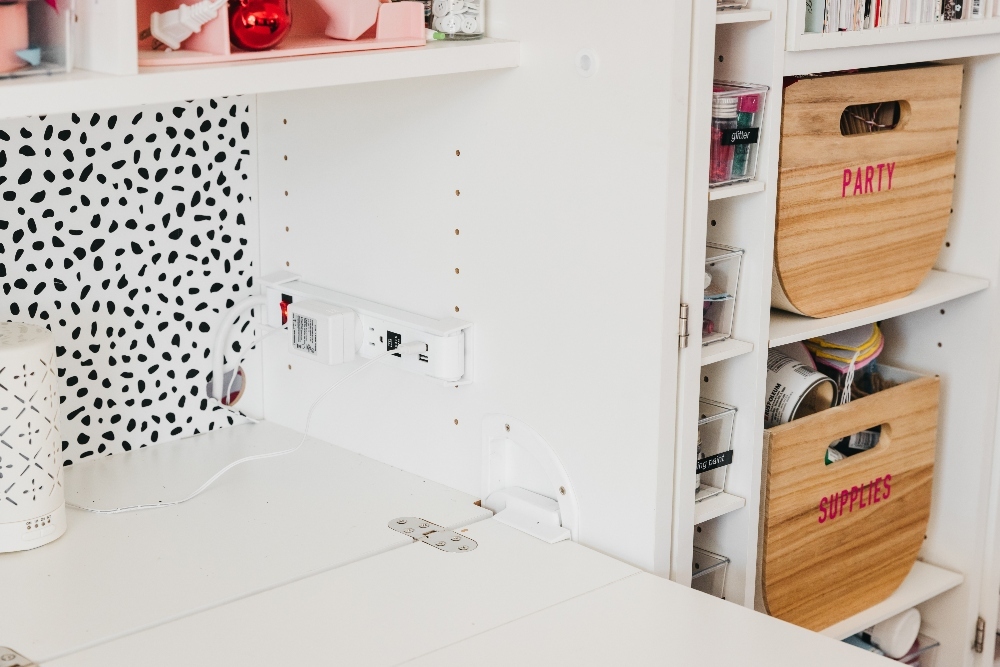 Bright Organized Craft Room Office. Bright peel-and-stick wallpaper, an organized desk and Dream Box with storage galore make working so much more fun and efficient! 