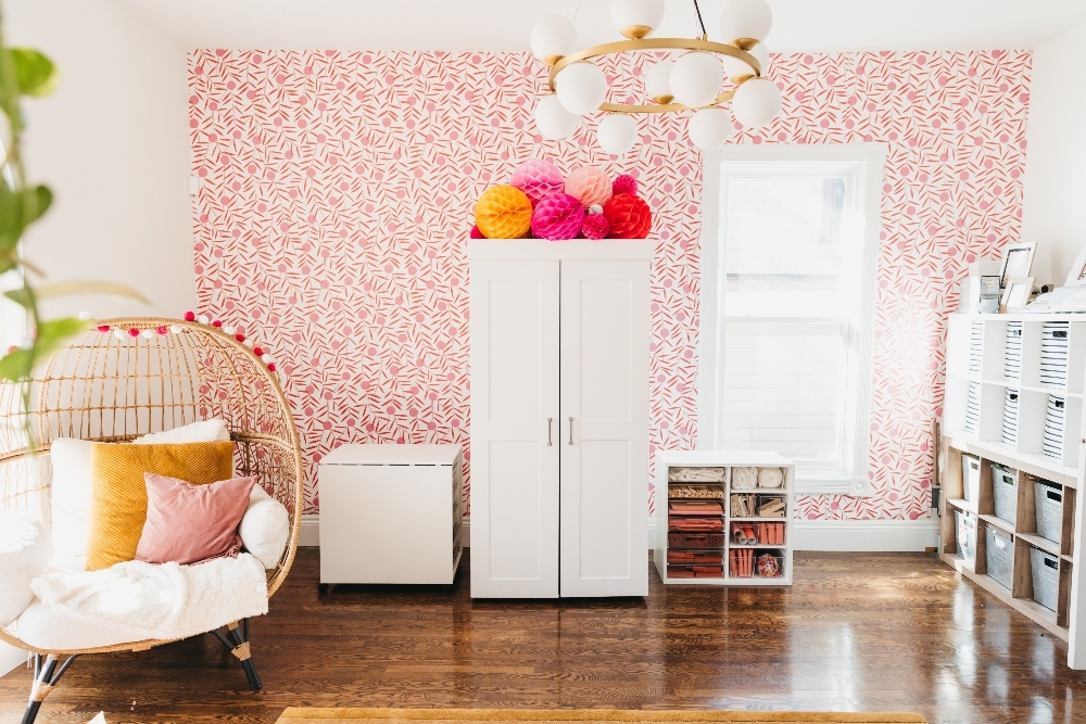 Bright Organized Craft Room Office. Bright peel-and-stick wallpaper, an organized desk and Dream Box with storage galore make working so much more fun and efficient! 