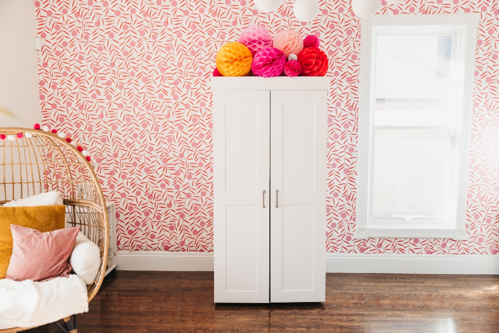 Bright Organized Craft Room Office. Bright peel-and-stick wallpaper, an organized desk and Dream Box with storage galore make working so much more fun and efficient! 