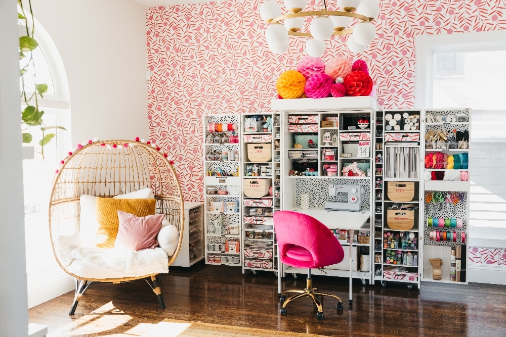 Bright Organized Craft Room Office. Bright peel-and-stick wallpaper, an organized desk and Dream Box with storage galore make working so much more fun and efficient! 