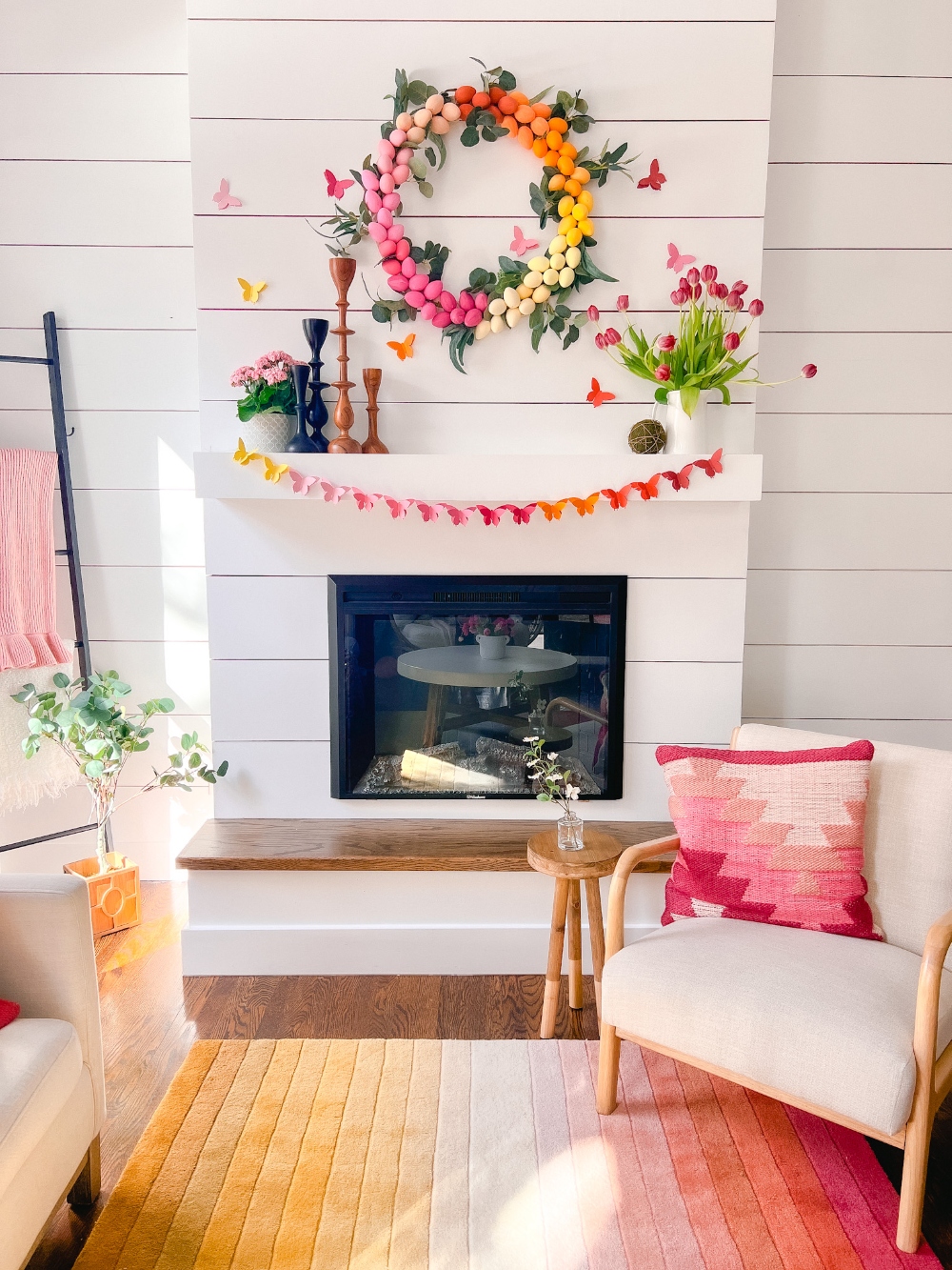 Rainbow Easter Mantel. Celebrate color this Easter by making a rainbow egg wreath and paper butterfly banner! 