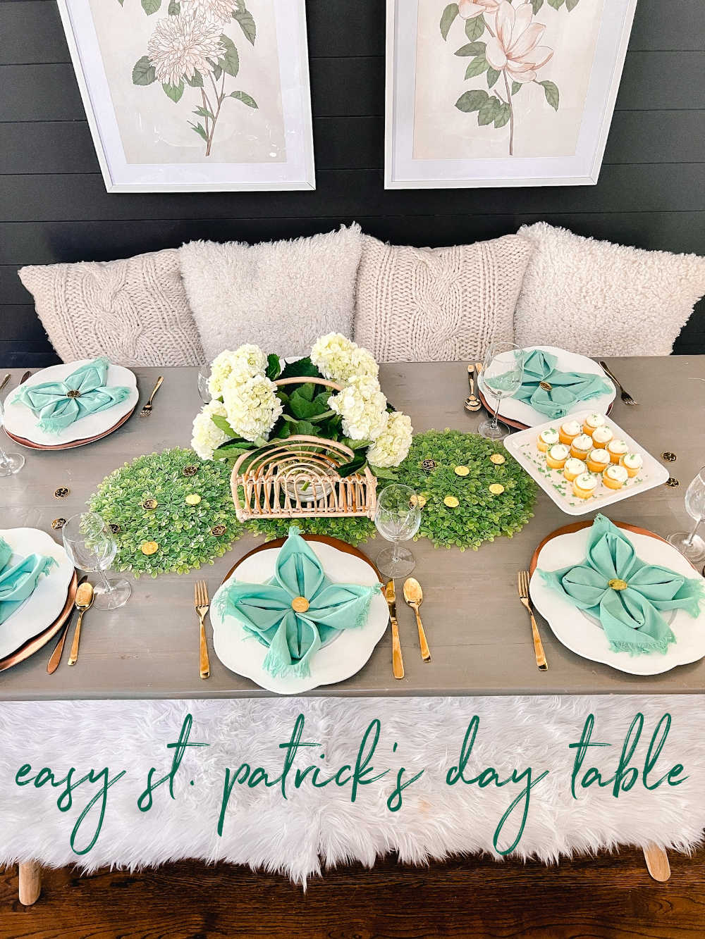 Easy St. Patrick's Day Tablescape. Celebrate St. Patrick's Day with this easy tablescape and find out how to fold a shamrock napkin!
