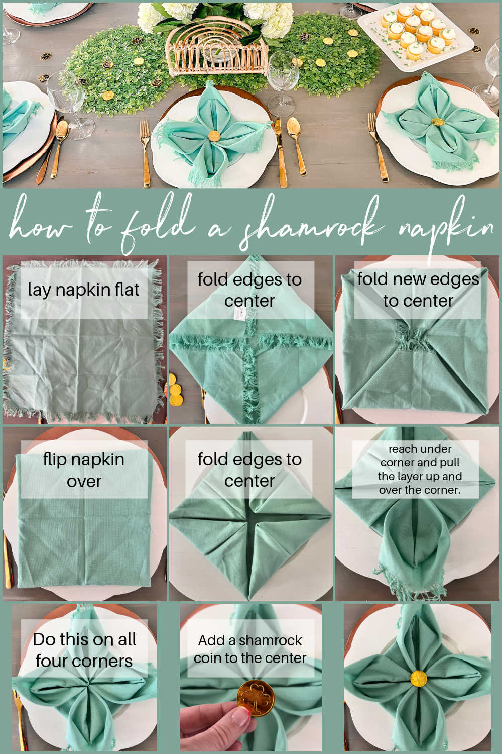 Easy St. Patrick's Day Tablescape. Celebrate St. Patrick's Day with this easy tablescape and find out how to fold a shamrock napkin!