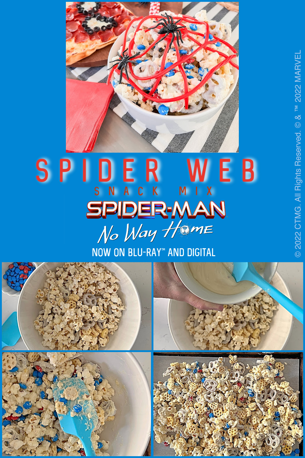 Family Movie Night with Spider-Man: No Way Home! Watch the new Spider-Man: No Way Home movie with Spider-Man themed frozen drinks, Spidey mask pizzas and spider web snack mix! 