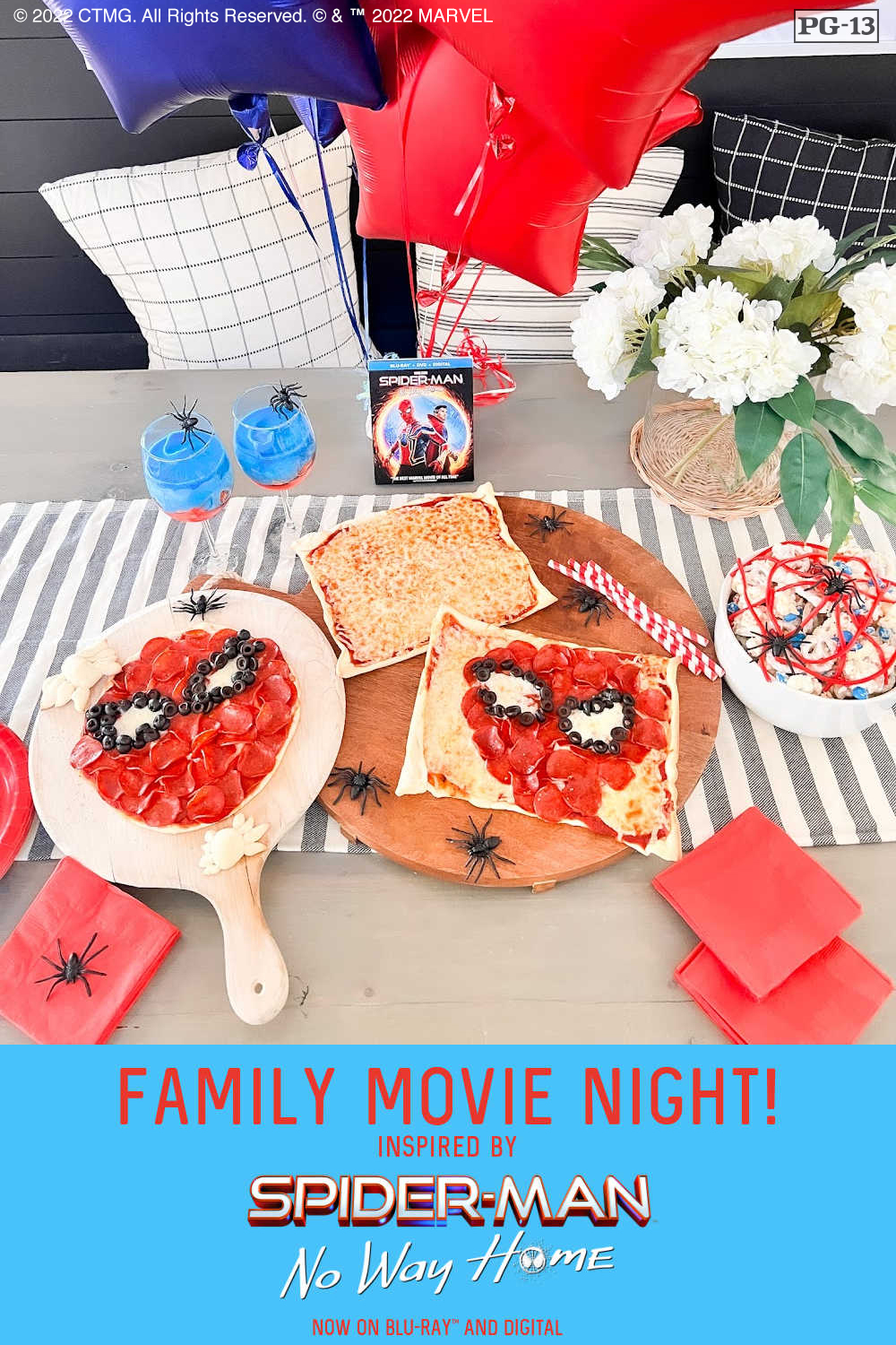 Family Movie Night with Spider-Man: No Way Home! Watch the new Spider-Man: No Way Home movie with Spider-Man themed frozen drinks, Spidey mask pizzas and spider web snack mix! 
