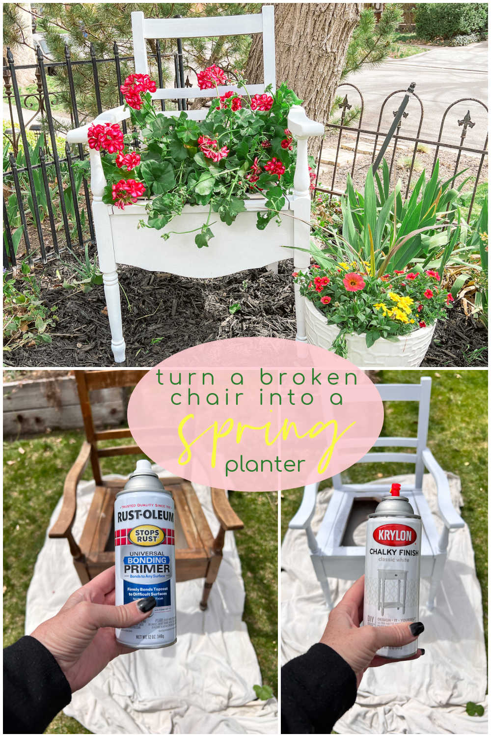 Spring DIY Upcycled Chair Planter. Take a broken chair and give it new life by planting beautiful flowers in it to enjoy in your yard!