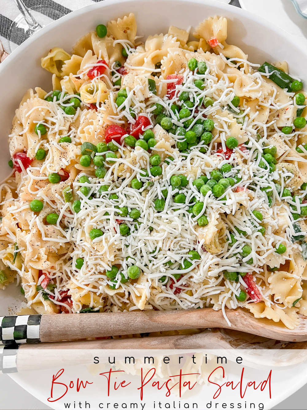 Bow Tie Tortellini Pasta Salad. Creamy bow tie pasta and cheese-filled tortellini combined with cubes of spicy  cheese, crisp veggies and a creamy tangy sauce makes a dreamy summer salad.