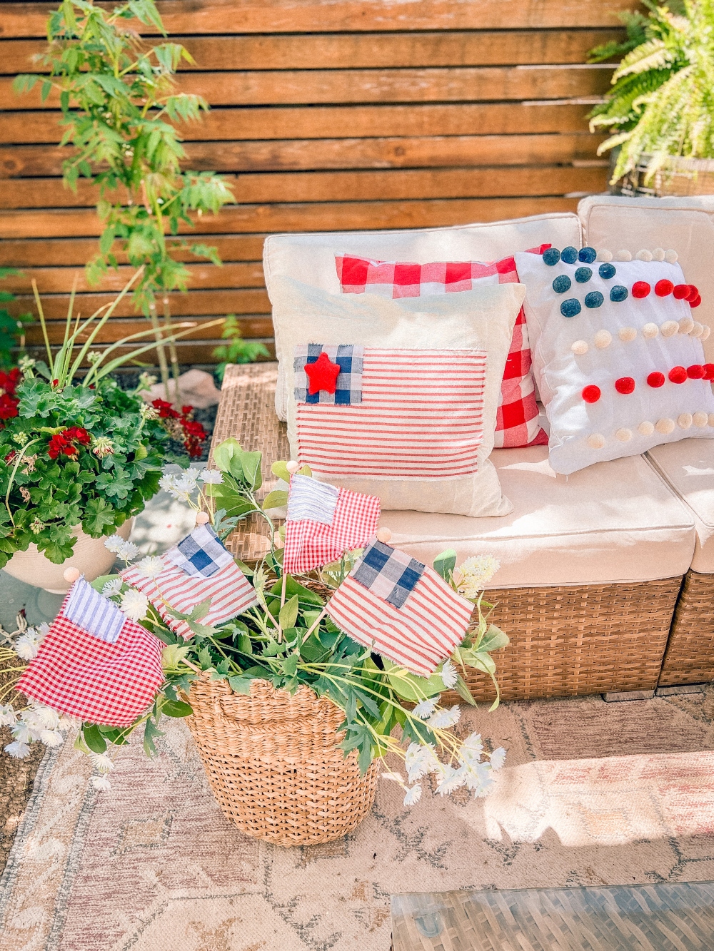 No-Sew Patriotic Scrap Flags. Mix and match left-over fabric to create pretty patriotic flags that can be used to decorate this summer!