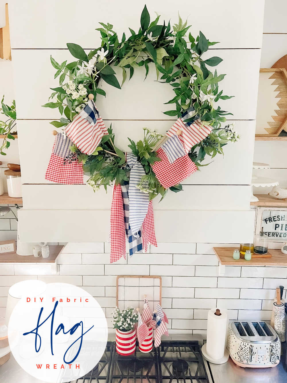 Easy Summer Fabric Flag Wreath. Create a fresh summer wreath with a patriotic twist with this green wreath with handmade fabric flags.