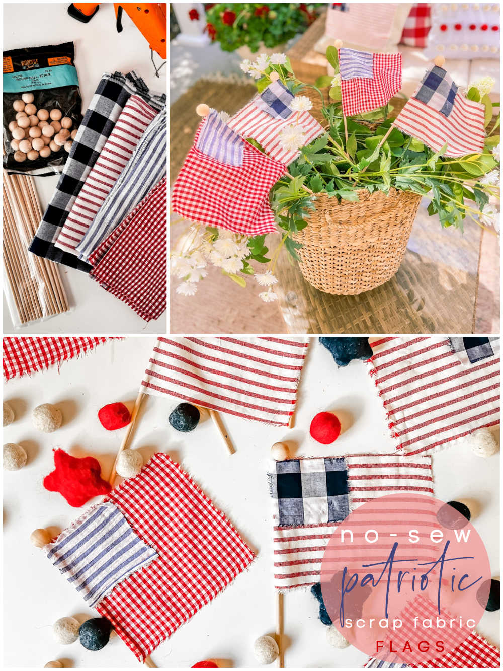 No-Sew Patriotic Scrap Flags. Mix and match left-over fabric to create pretty patriotic flags that can be used to decorate this summer!