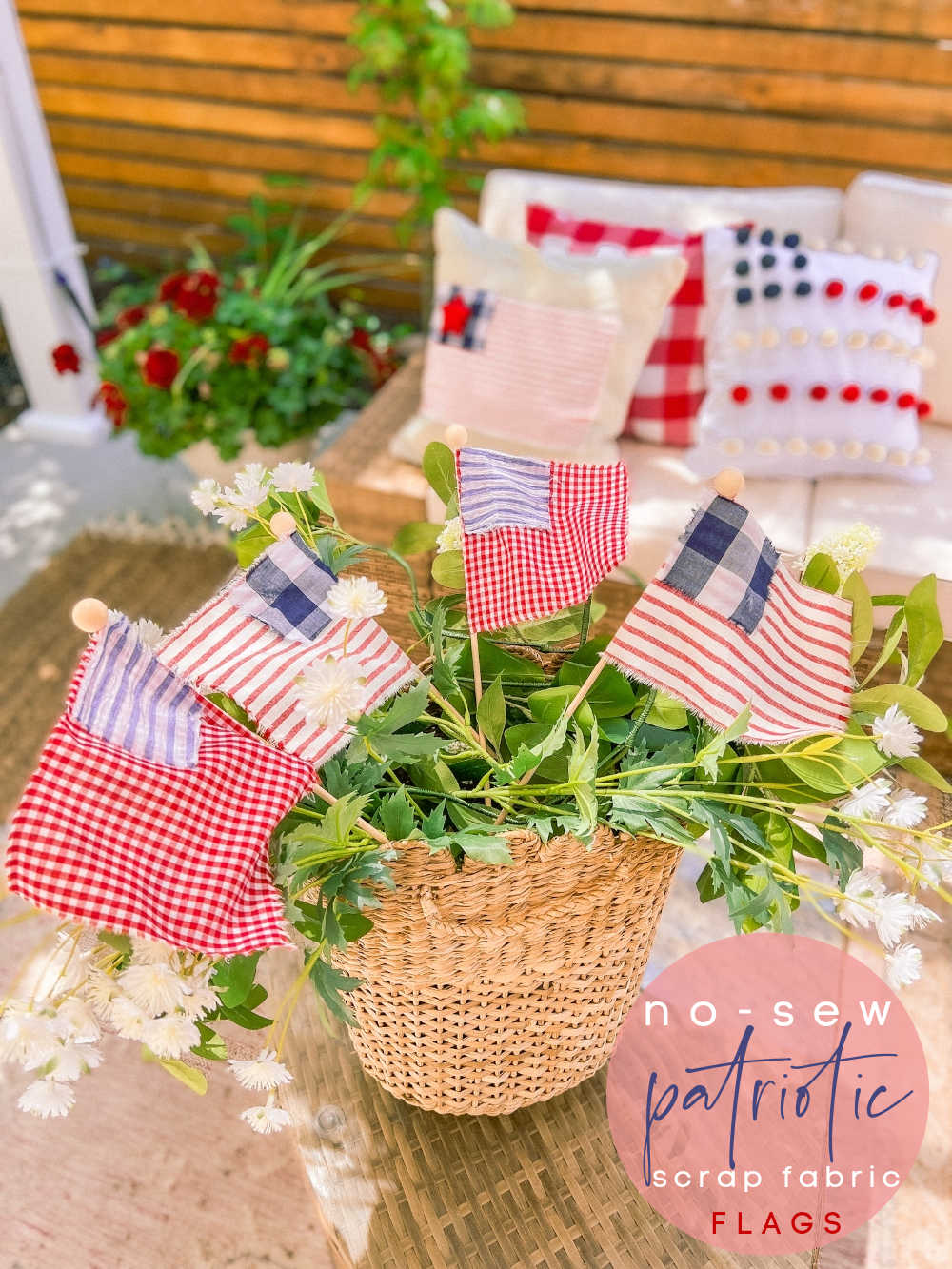 No-Sew Patriotic Scrap Flags. Mix and match left-over fabric to create pretty patriotic flags that can be used to decorate this summer!