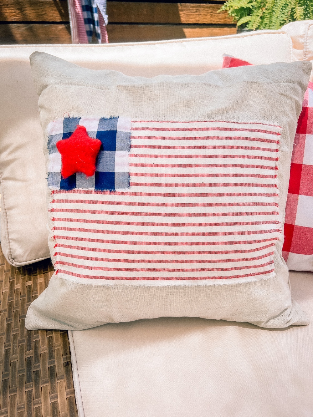 Two Easy Patriotic Pillow Covers. Add some summer patriotic charm to your home with these red white and blue no-sew pillow covers you can make in minutes!