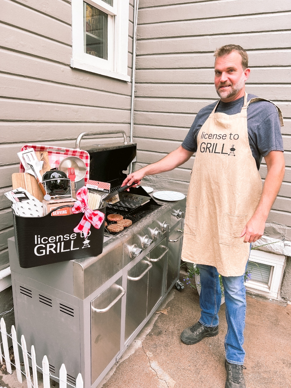 License to Grill Father's Day Gift Basket. Celebrate the dads in your life by creating a fun grilling gift basket with personalized basket and BBQ apron!
