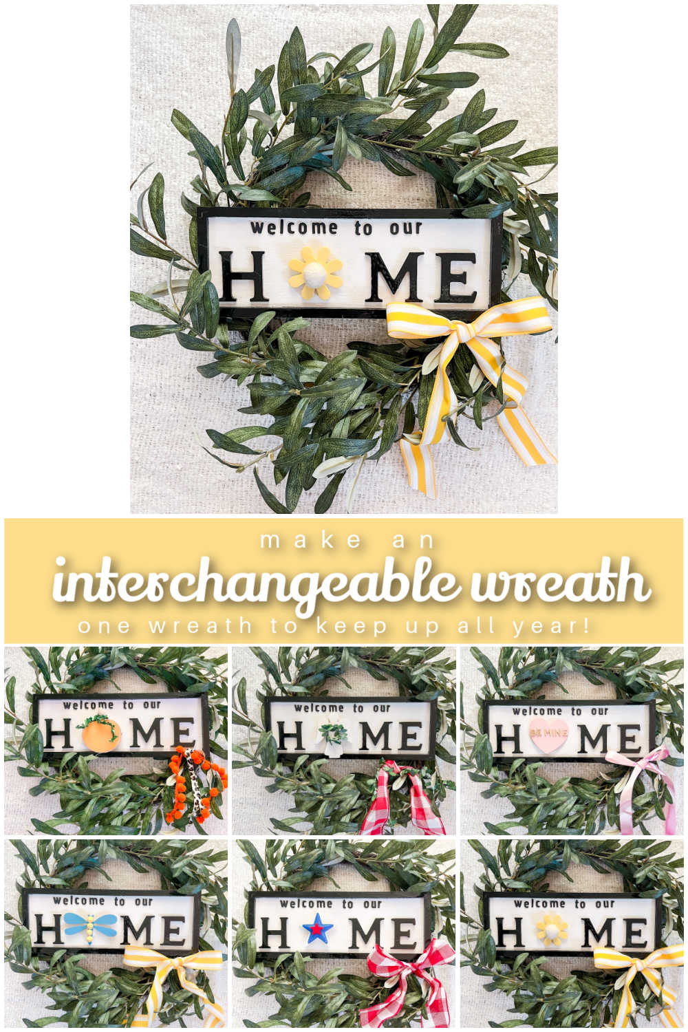 Year-Round Interchangeable Wreath. Create a wreath you can leave up all year by switching out seasonal wood decorations! 