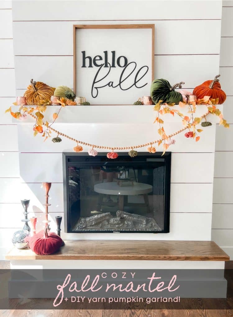 Fall Mantel and DIY Yarn Pumpkins. Create a cozy layered mantel with a beautiful fall sign, foliage, vibrant fall pumpkins and A matching DIY yarn pumpkin garland!