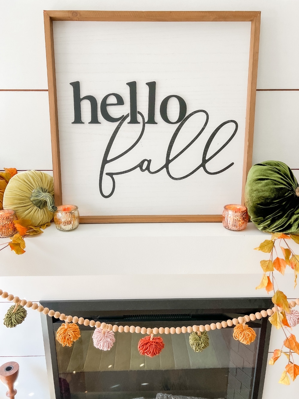 all Mantel and DIY Yarn Pumpkin Garland. Create a cozy layered mantel with a beautiful fall sign, foliage, vibrant fall pumpkins and A matching DIY yarn pumpkin garland! 