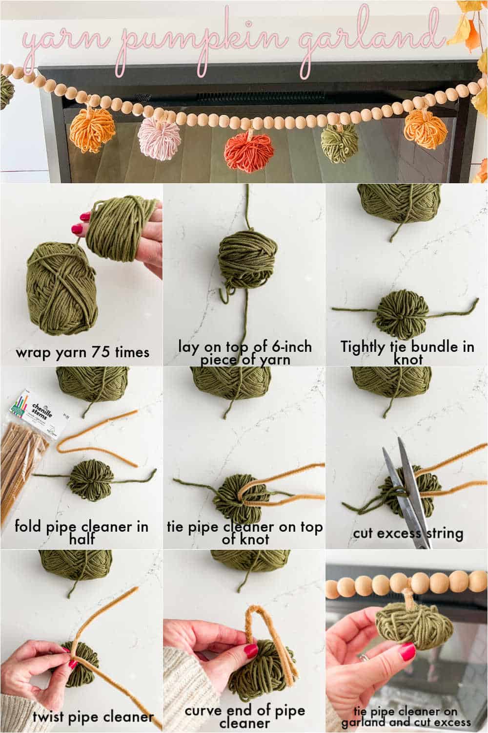 all Mantel and DIY Yarn Pumpkin Garland. Create a cozy layered mantel with a beautiful fall sign, foliage, vibrant fall pumpkins and A matching DIY yarn pumpkin garland! 