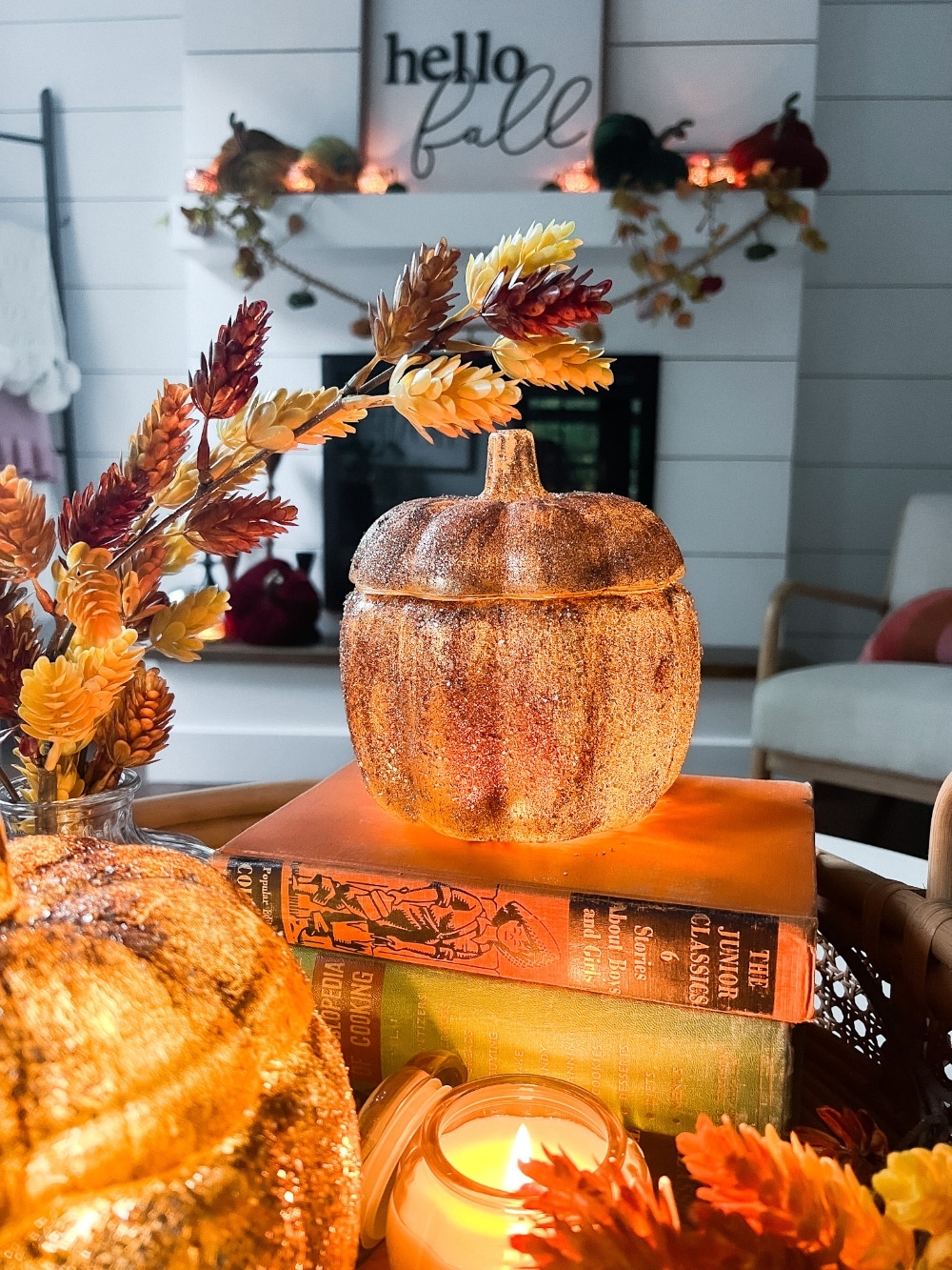 Pottery Barn Inspired Amber Pumpkin Cloches. Turn inexpensive glass pumpkin containers into high end looking cloches by painting and adding glitter! 