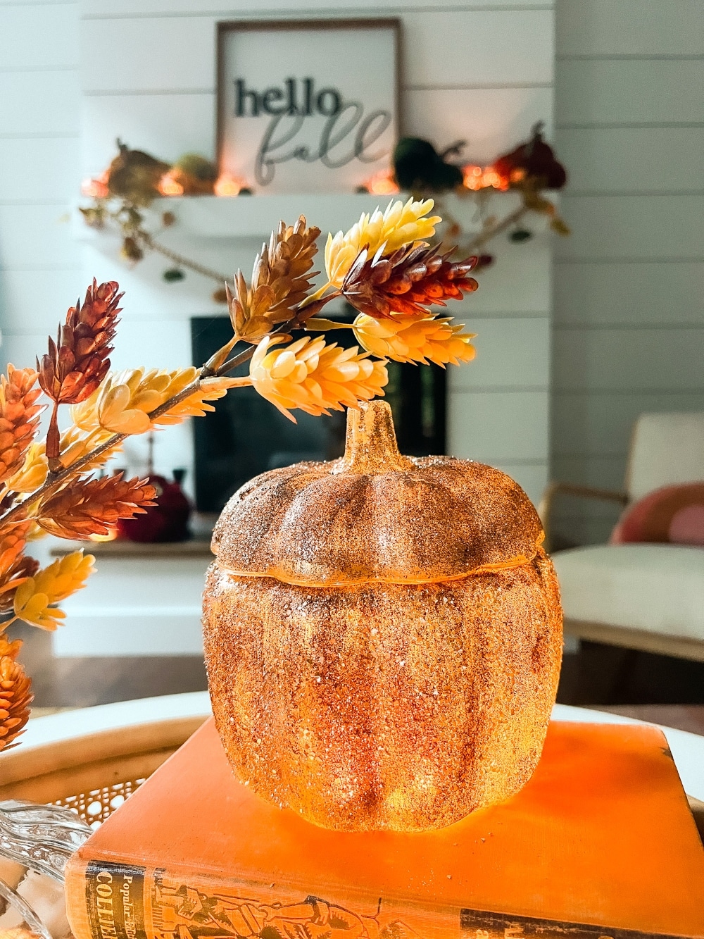 Pottery Barn Inspired Amber Pumpkin Cloches. Turn inexpensive glass pumpkin containers into high end looking cloches by painting and adding glitter! 