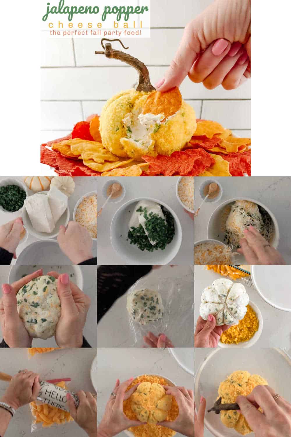 Jalapeno Popper Pumpkin-Shaped Cheese Ball. Celebrate fall with the perfect cheese ball appetizer that combines spicy jalapeno, creamy cheese filling and rolled in a layer of crushed cheese puffs. 