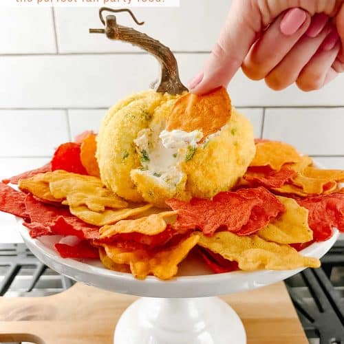 Jalapeno Popper Pumpkin-Shaped Cheese Ball. Celebrate fall with the perfect cheese ball appetizer that combines spicy jalapeno, creamy cheese filling and rolled in a layer of crushed cheese puffs.