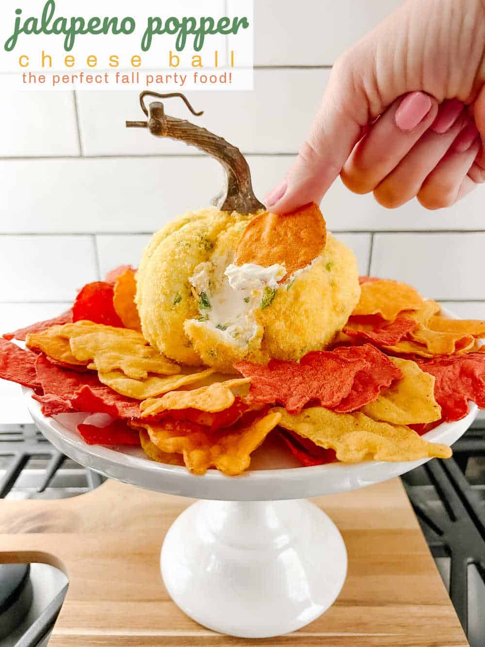 Jalapeno Popper Pumpkin-Shaped Cheese Ball. Celebrate fall with the perfect cheese ball appetizer that combines spicy jalapeno, creamy cheese filling and rolled in a layer of crushed cheese puffs.