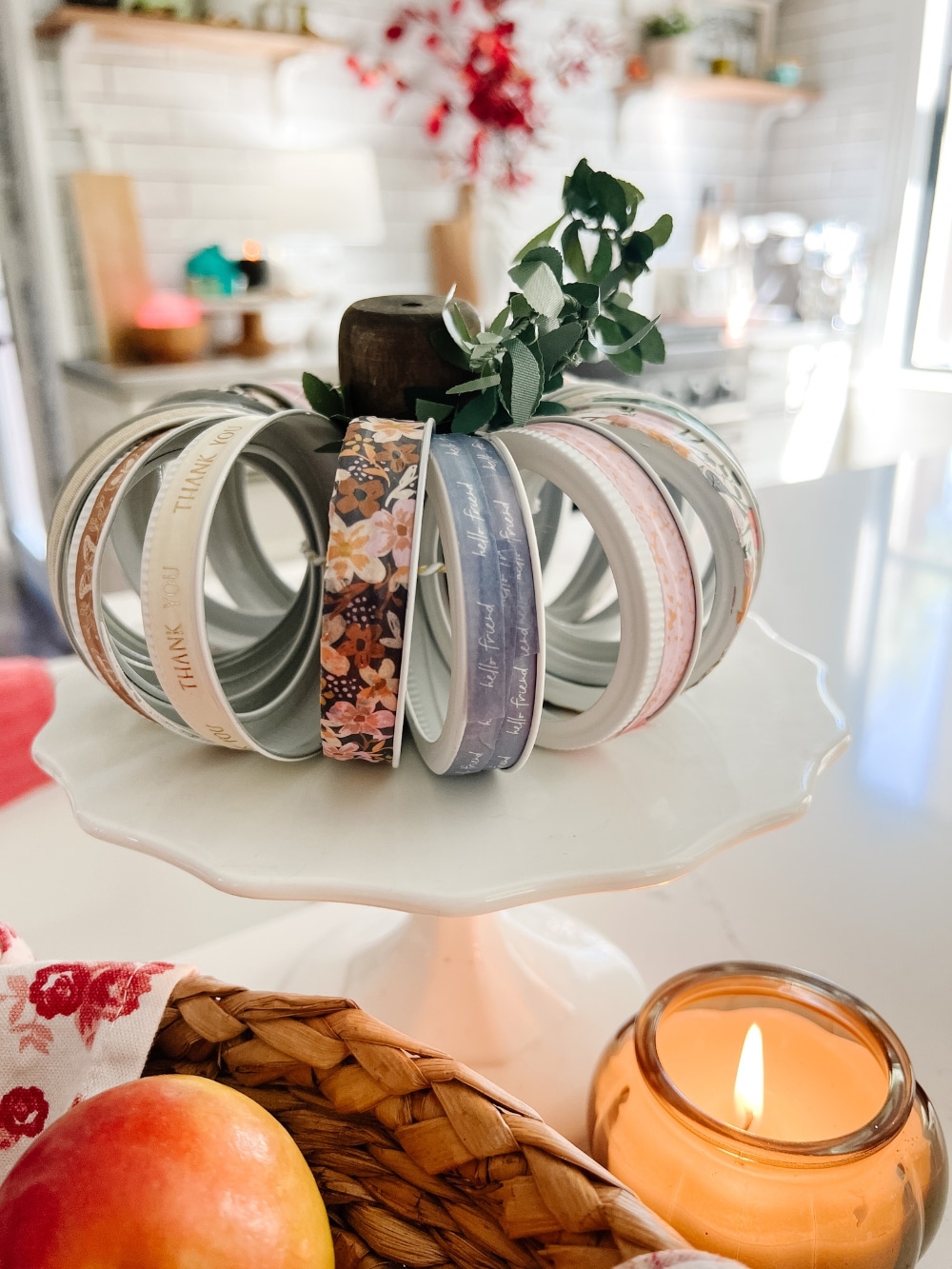 Washi Tape Mason Jar Lid Pumpkin. Upcycle your mason jar lids into this sweet and colorful pumpkin! 