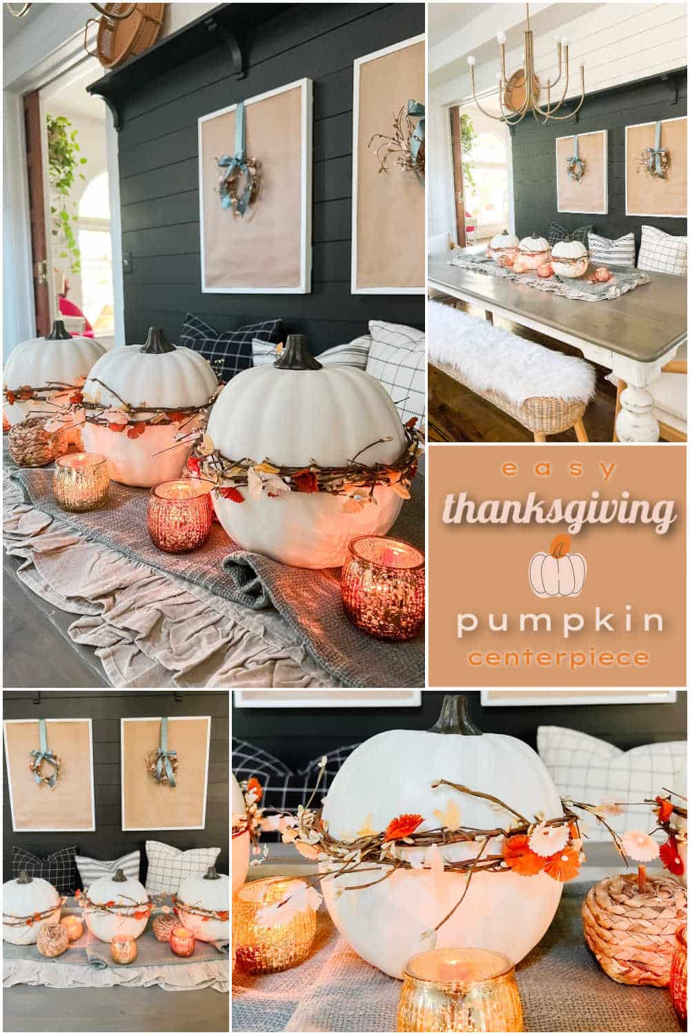 Easy Thanksgiving Centerpiece. Whip up this easy 3-pumpkin centerpiece for Thanksgiving in minutes!