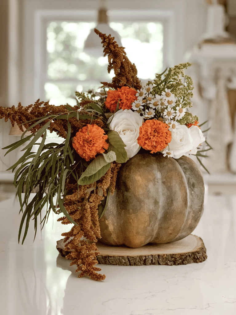 Wow your guests this Thanksgiving with an elegant, easy to make pumpkin centerpiece utilizing a real heirloom pumpkin and seasonal fresh florals.