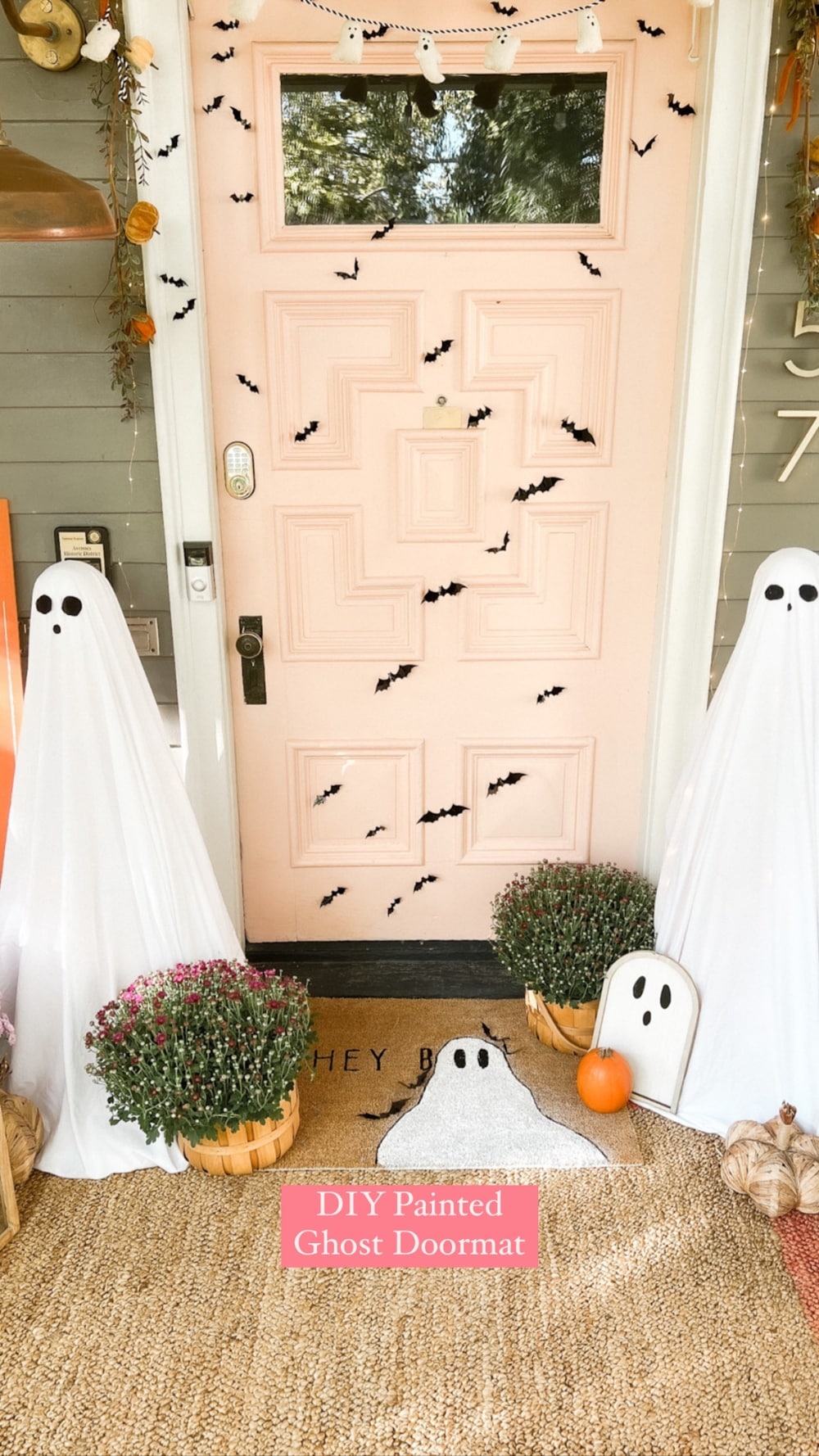 Easy Halloween Ghost Porch. Create tomato cage ghost luminaries, floating ghost luminaries and a ghost doormat for spooky fun!