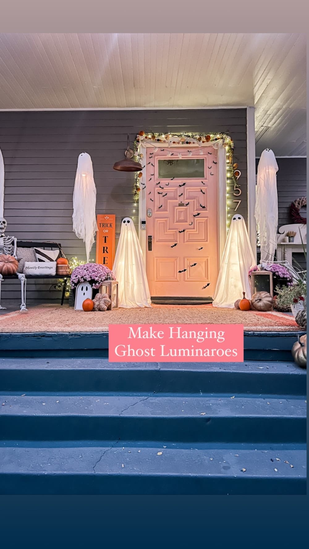 Easy Halloween Ghost Porch. Create tomato cage ghost luminaries, floating ghost luminaries and a ghost doormat for spooky fun!