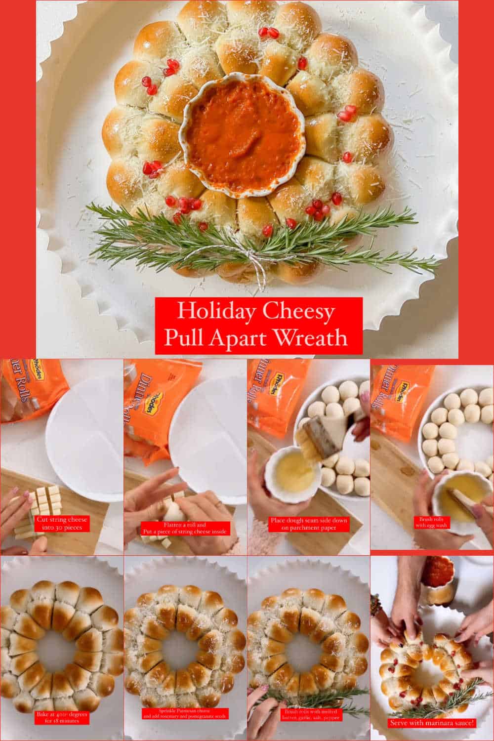 Holiday Cheesy Pull-Apart Bread Wreath. Golden rolls with a cheesy filling a perfect appetizer for holiday parties or for a night at home.