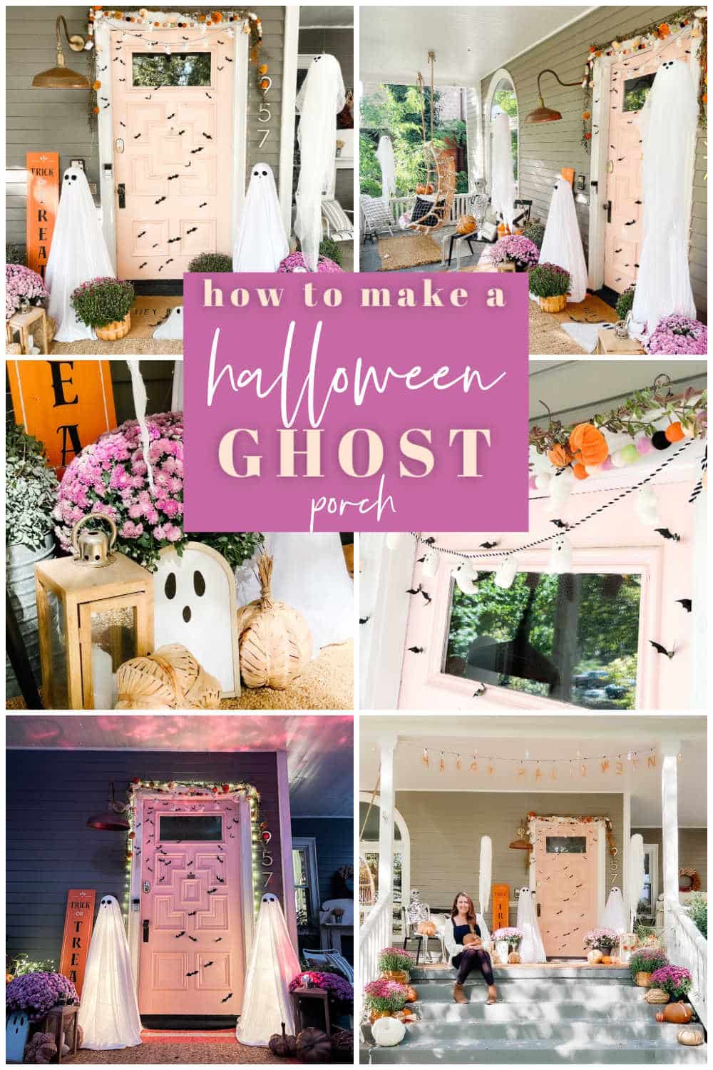 Easy Halloween Ghost Porch. Create tomato cage ghost luminaries, floating ghost luminaries and a ghost doormat for spooky fun!