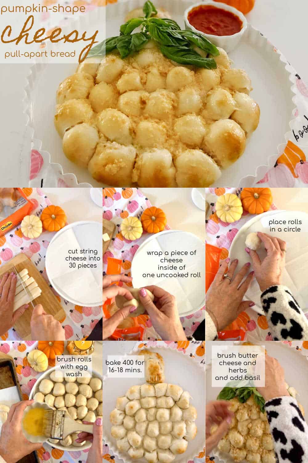 Pumpkin-Shaped Cheesy Pull Apart Bread. Halloween treats don't have to be sweet. Make a batch of this cheesy pull apart bread as an appetizer or to have with spaghetti! 