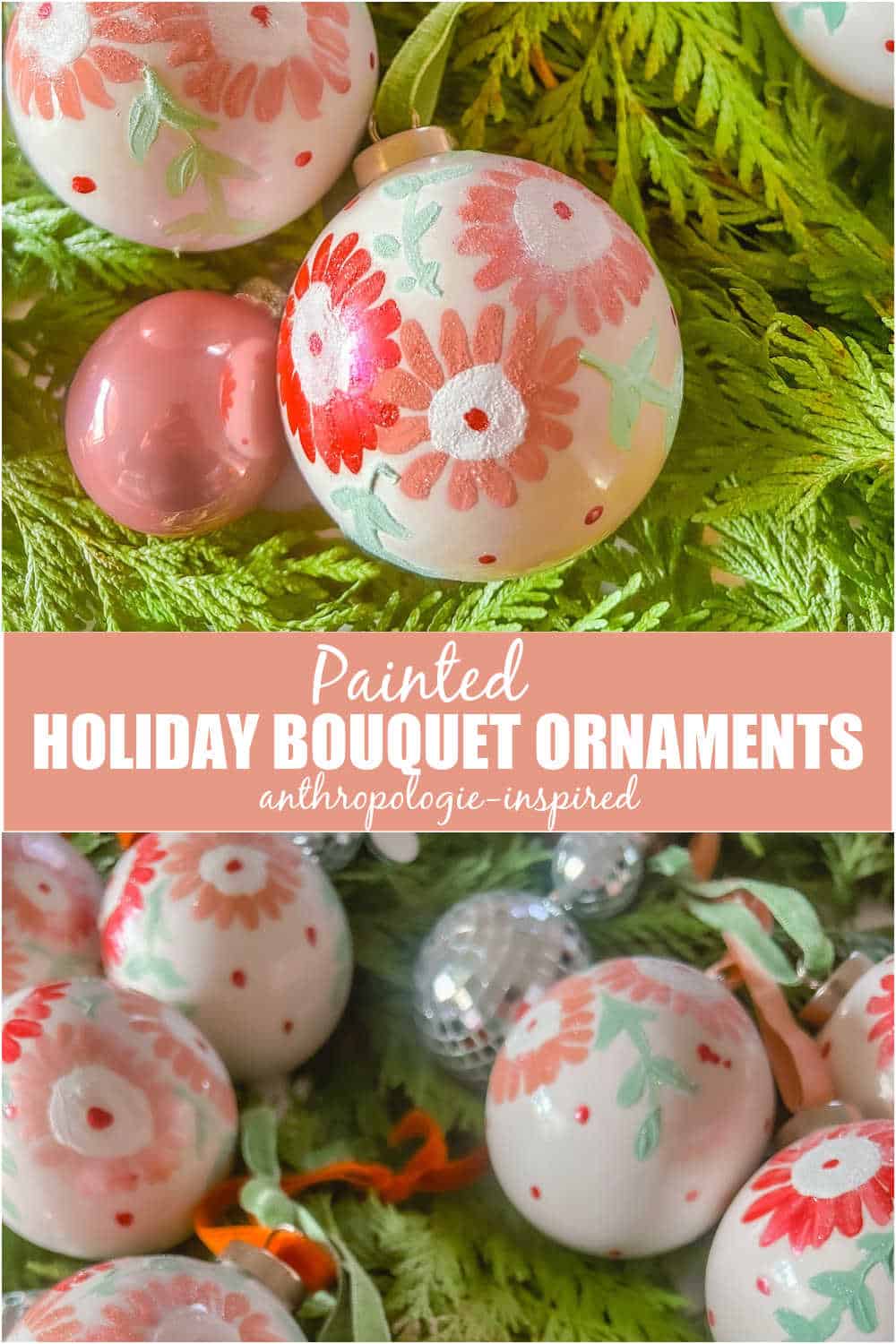 Anthropologie-Inspired Painted Bouquet Holiday Ornaments.  Turn plain white ornaments into colorful floral ornaments by using craft paint and glitter for an inexpensive ornament alternative. 