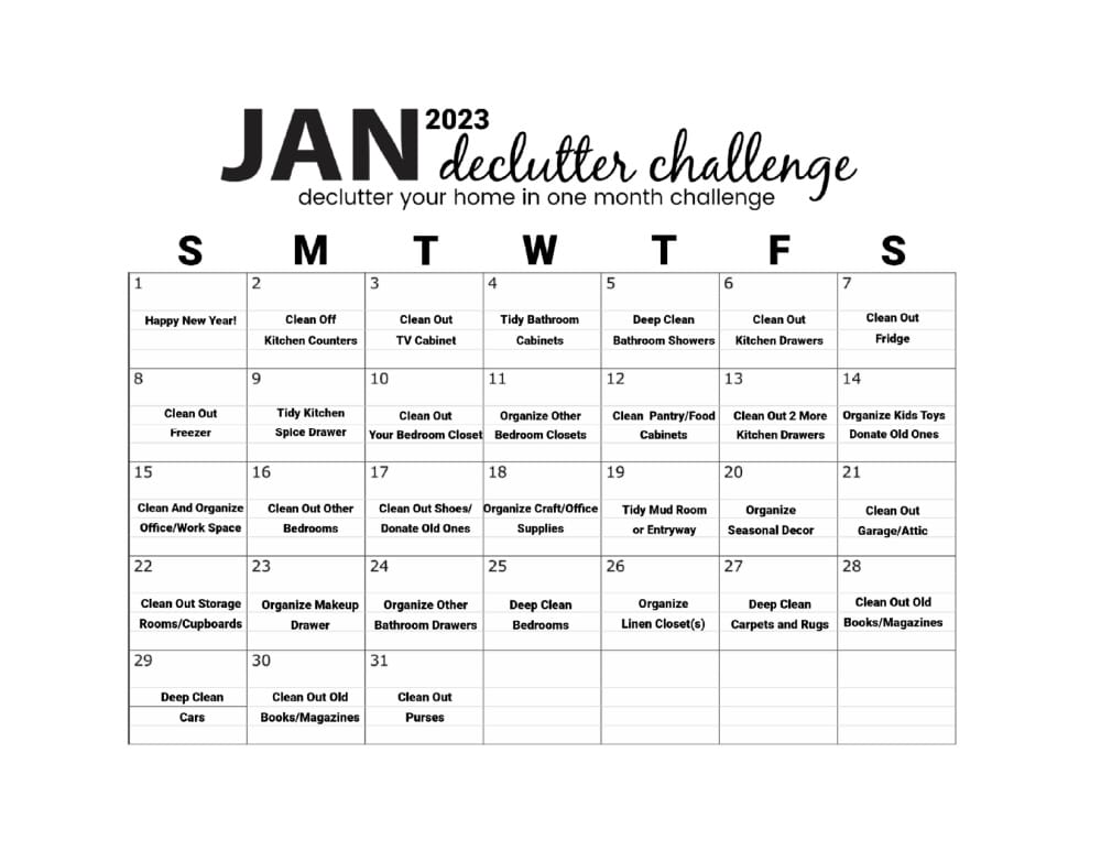 January Declutter Challenge 2023. Start the new year off by cleaning and decluttering your whole house in ONE month! 