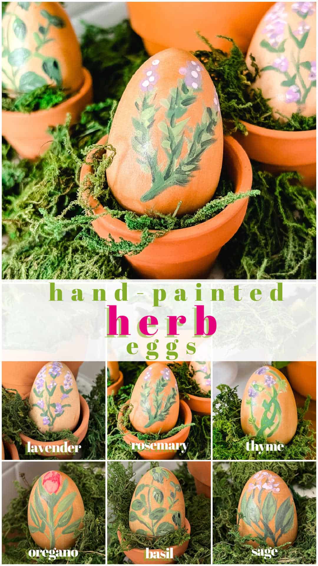 Hand Painted Herb Eggs Centerpiece. Create a sweet herb centerpiece by painting wooden eggs with different herbs!