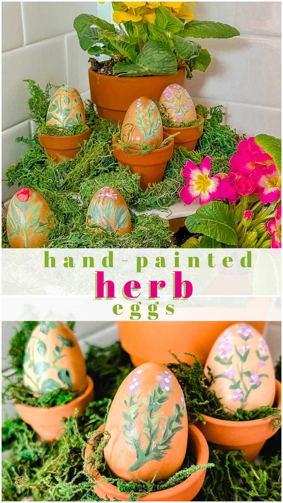 Hand Painted Herb Eggs Centerpiece. Create a sweet herb centerpiece by painting wooden eggs with different herbs!