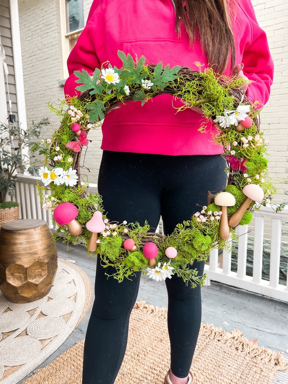 Spring Mushroom and Moss Wreath. Celebrate Spring by making this DIY wreath with wooden mushrooms, butterflies and moss!