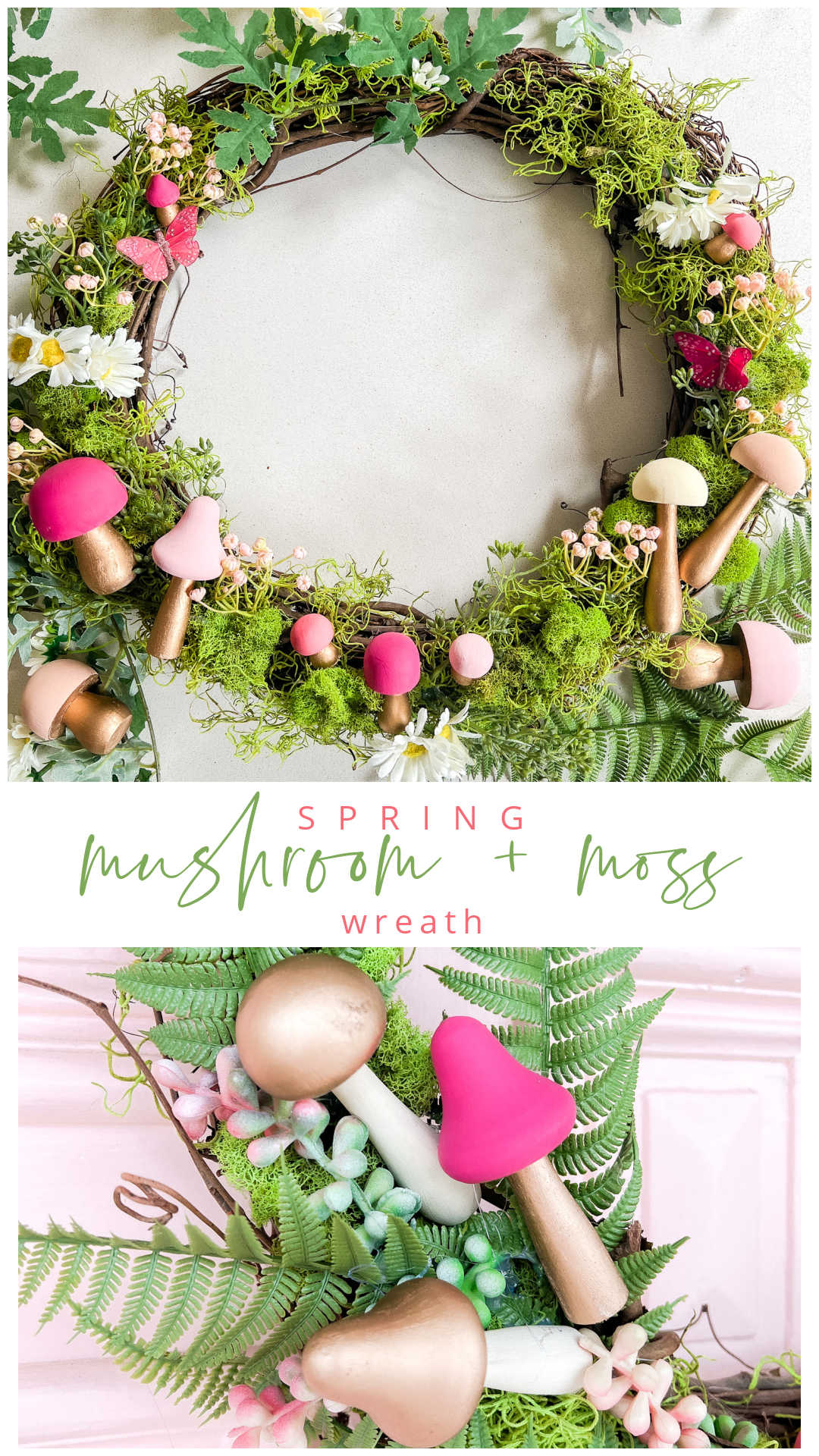 Spring Mushroom and Moss Wreath. Celebrate Spring by making this DIY wreath with wooden mushrooms, butterflies and moss!