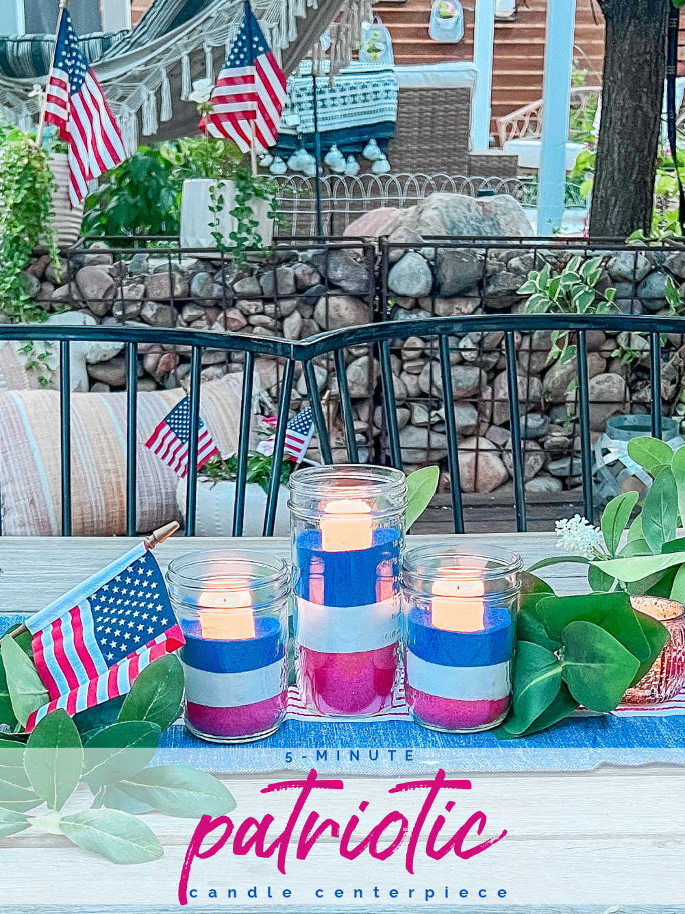 Easy Patriotic Candle Centerpiece. Celebrate summer by creating this simple layered sand centerpiece with battery-operated candles.